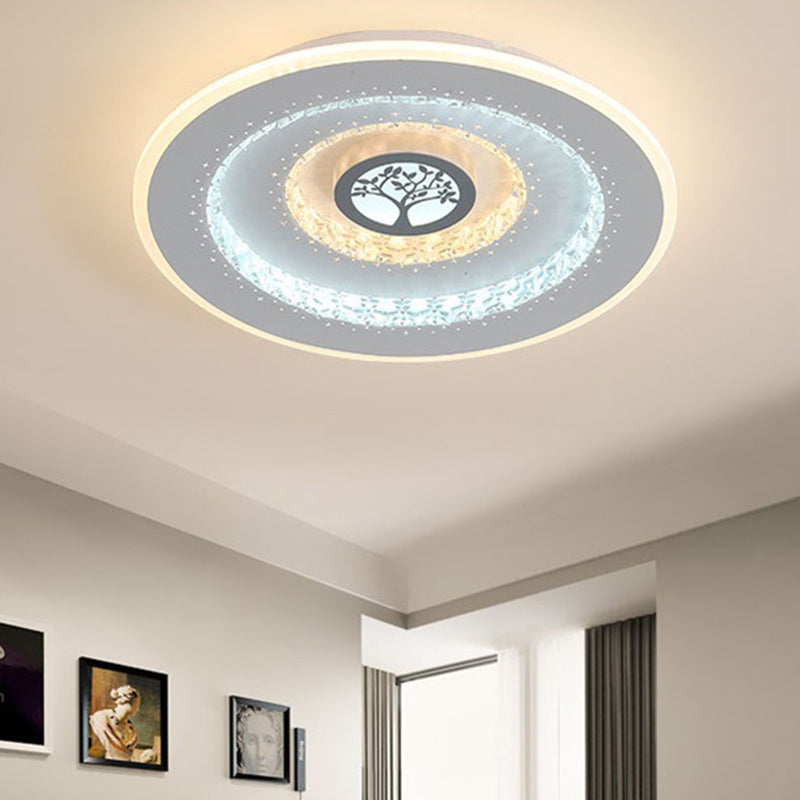 Plafonnier LED rond en cristal blanc, éclairage encastré moderne à motif d'arbre exquis en lumière blanche/chaude