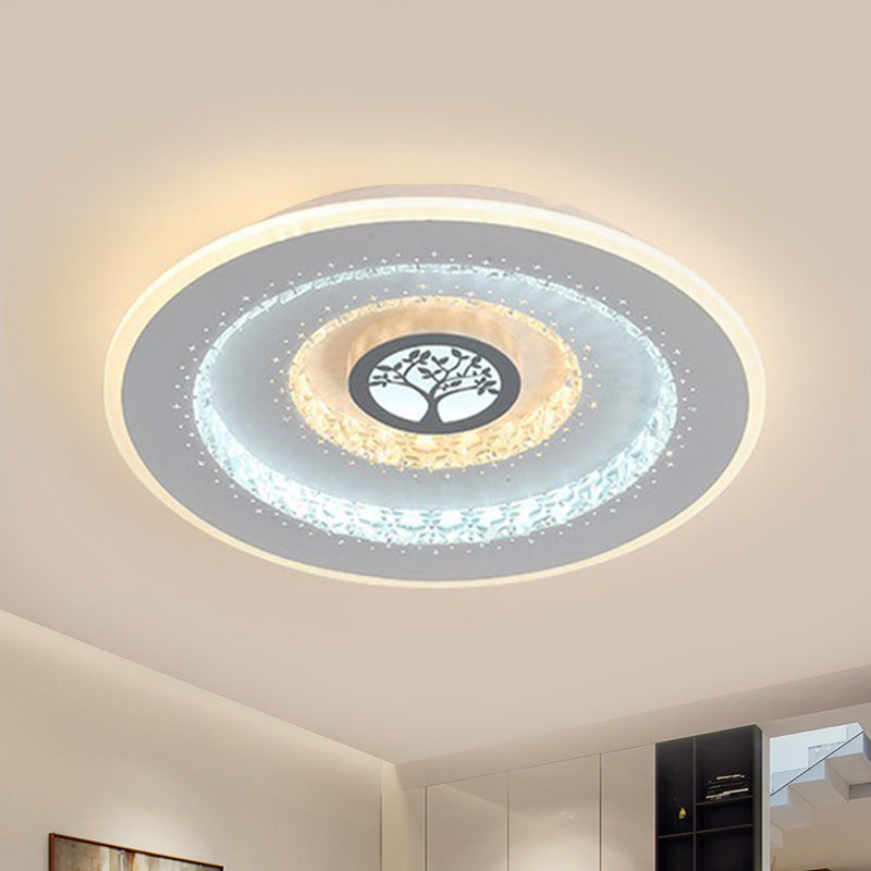 Plafonnier LED rond en cristal blanc, éclairage encastré moderne à motif d'arbre exquis en lumière blanche/chaude