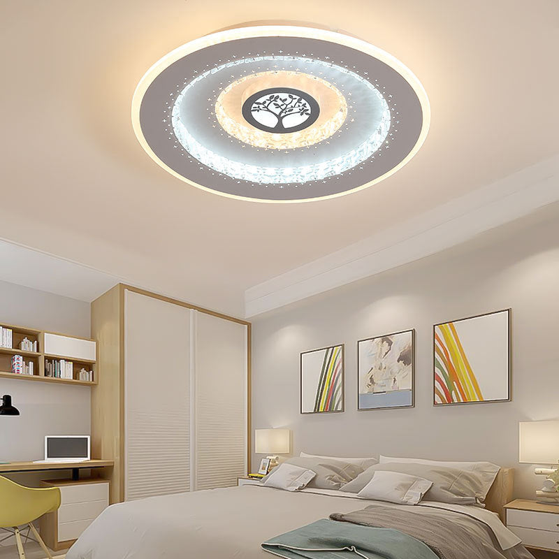 White Round Crystal LED Ceiling Light Modern Exquisite Tree Pattern Flushmount Lighting in White/Warm Light