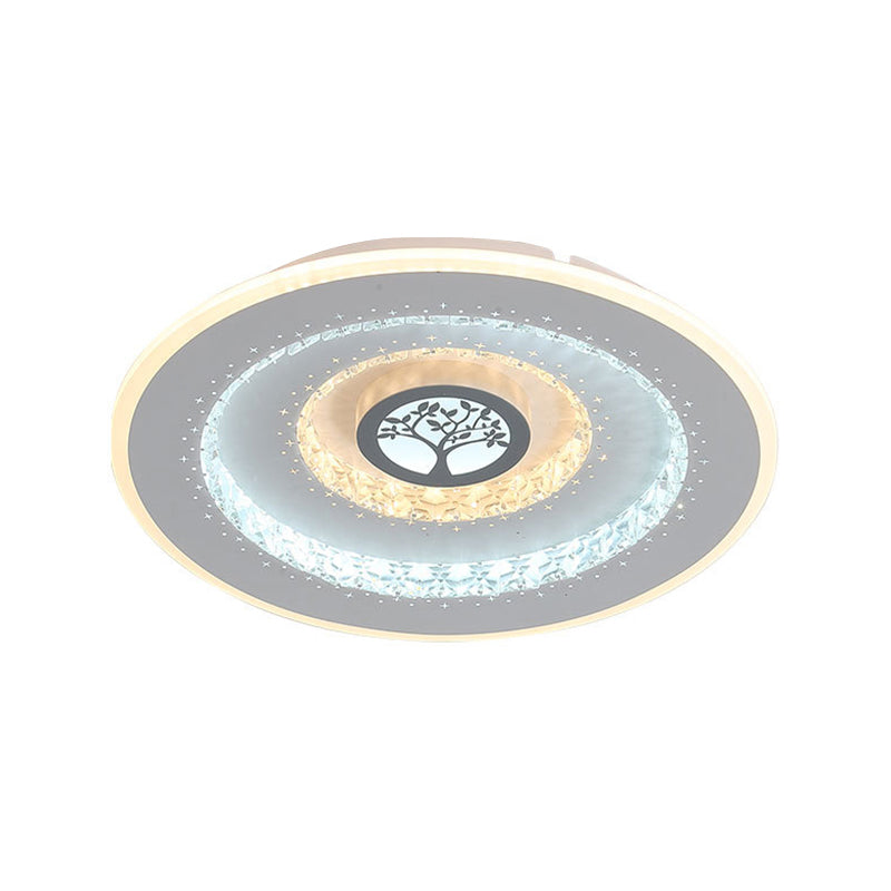 Plafonnier LED rond en cristal blanc, éclairage encastré moderne à motif d'arbre exquis en lumière blanche/chaude