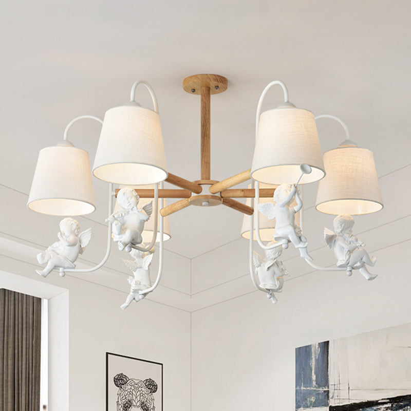 White Barrel Chandelier Lamp Contemporary 6 Heads Fabric Suspension Light with Angel Decoration