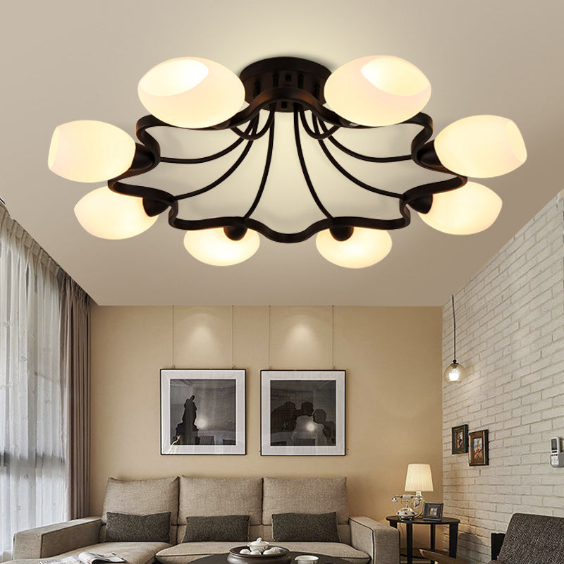 Shaded Glass Semi Flush Mount Light Simplicity Bedroom Semi Flush Ceiling Light in Black