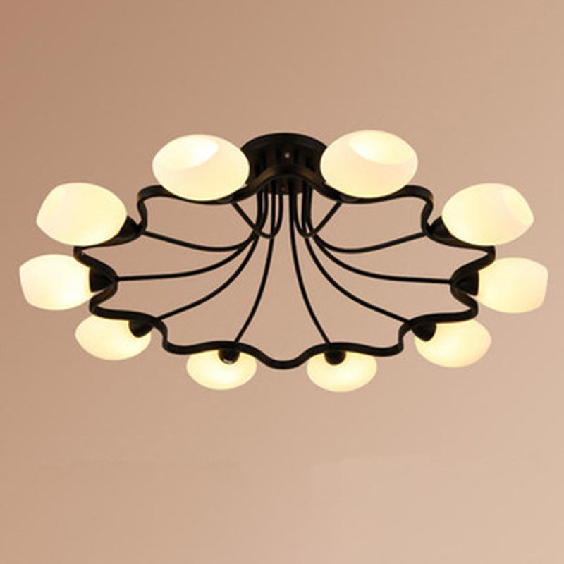 Shaded Glass Semi Flush Mount Light Simplicity Bedroom Semi Flush Ceiling Light in Black