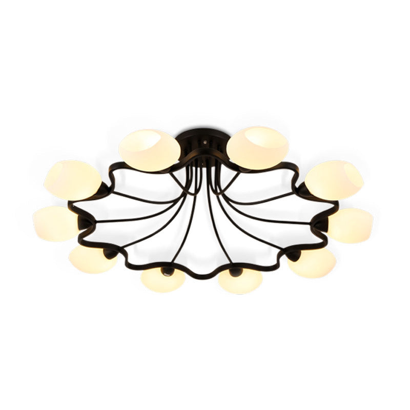 Shaded Glass Semi Flush Mount Light Simplicity Bedroom Semi Flush Ceiling Light in Black