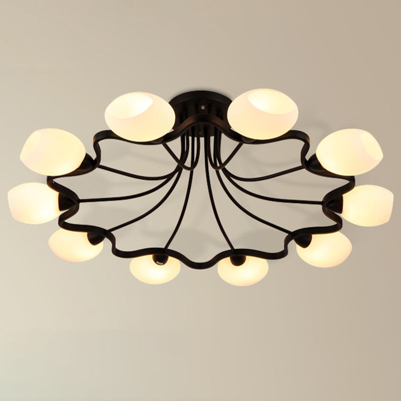 Shaded Glass Semi Flush Mount Light Simplicity Bedroom Semi Flush Ceiling Light in Black