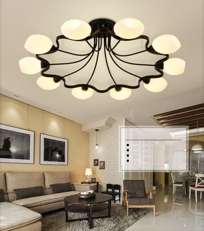 Shaded Glass Semi Flush Mount Light Simplicity Bedroom Semi Flush Ceiling Light in Black