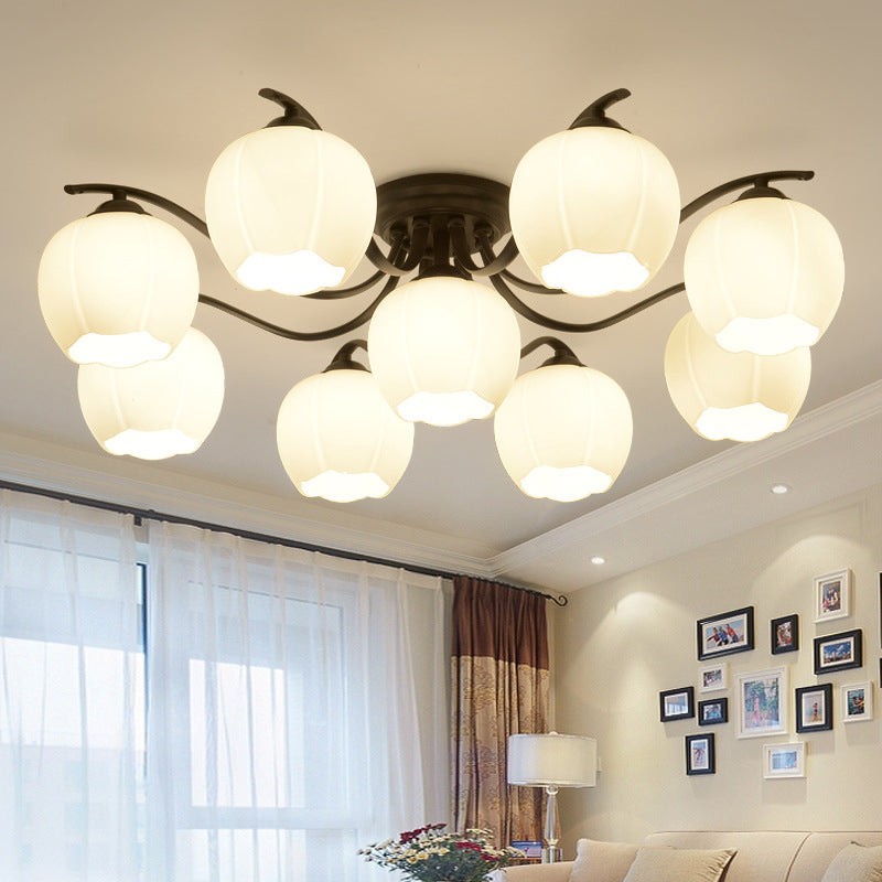 Glass Shaded Semi-Flush Mount Ceiling Light Minimalist Living Room Semi Flush Mount in Black