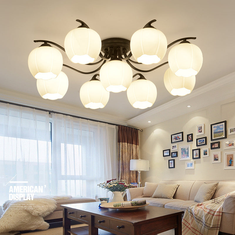 Glass Shaded Semi-Flush Mount Ceiling Light Minimalist Living Room Semi Flush Mount in Black