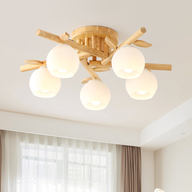 Blockfarbe Sputnik LED Semi Flush Mount in moderner prägnanter Stil Holzdecke mit weißem Glasschatten