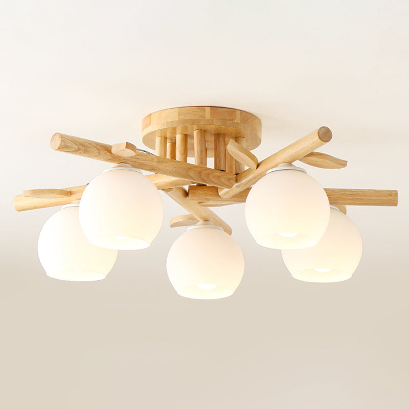 Log Color Sputnik LED Semi Flush Mount in Modern Concise Style Wooden Ceiling Light with White Glass Shade