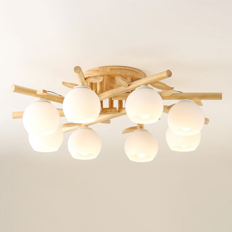 Log Color Sputnik LED Semi Flush Mount in Modern Concise Style Wooden Ceiling Light with White Glass Shade