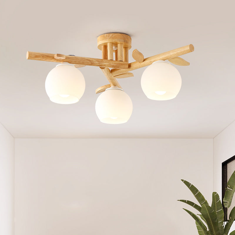 Log Color Sputnik LED Semi Flush Mount in Modern Concise Style Wooden Ceiling Light with White Glass Shade