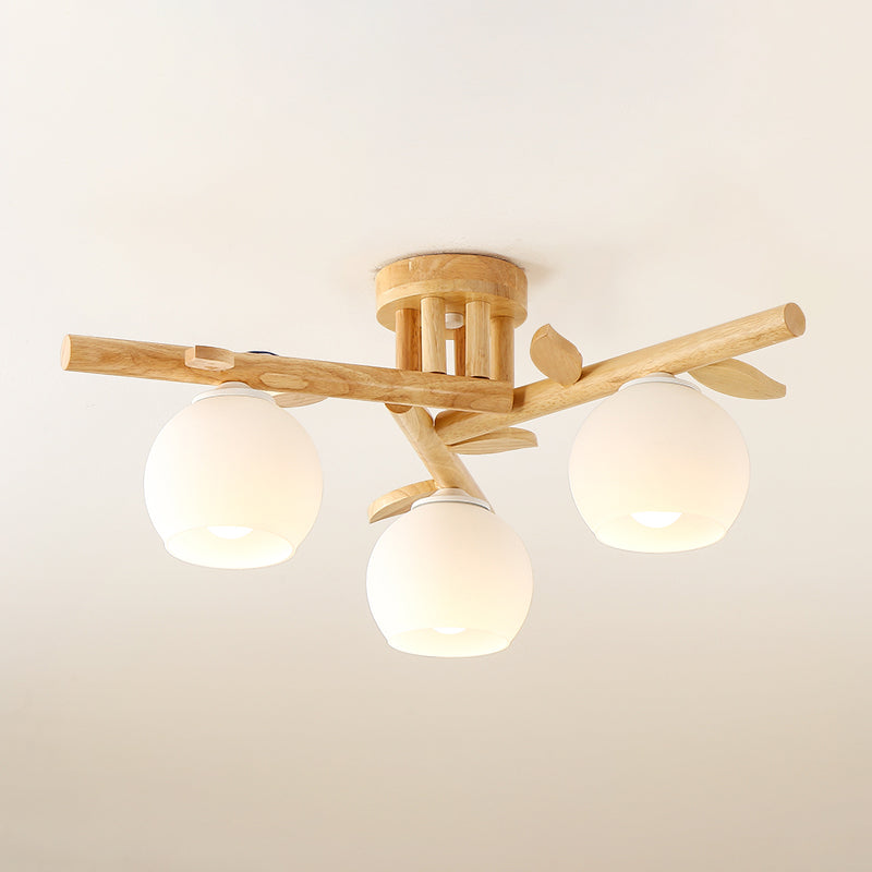 Log Color Sputnik LED Semi Flush Mount in Modern Concise Style Wooden Ceiling Light with White Glass Shade