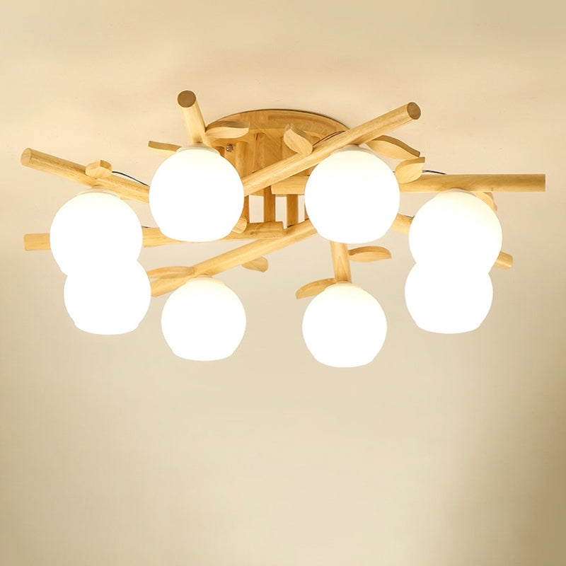 Log Color Sputnik LED Semi Flush Mount in Modern Concise Style Wooden Ceiling Light with White Glass Shade