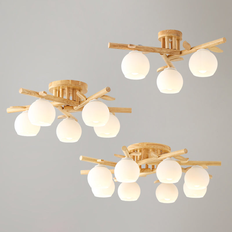 Log Color Sputnik LED Semi Flush Mount in Modern Concise Style Wooden Ceiling Light with White Glass Shade