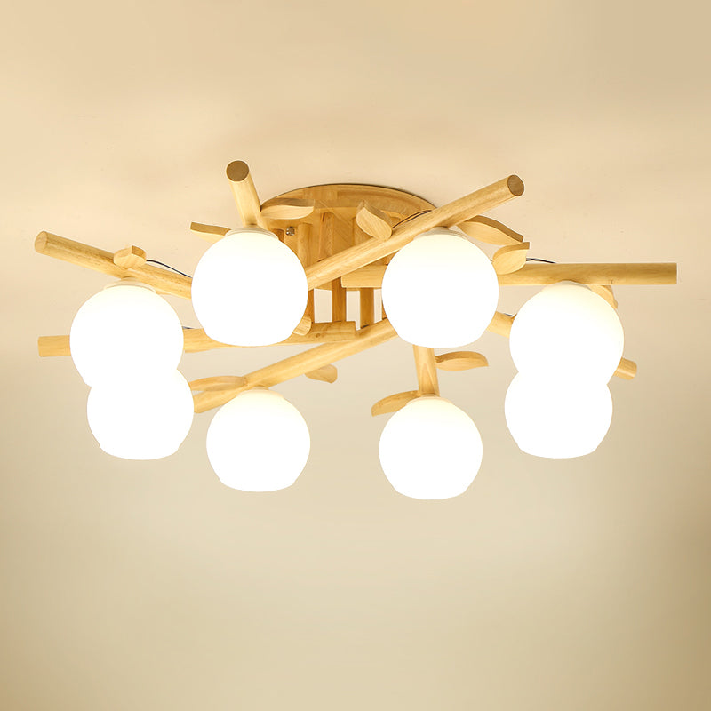 Log Color Sputnik LED Semi Flush Mount in Modern Concise Style Wooden Ceiling Light with White Glass Shade