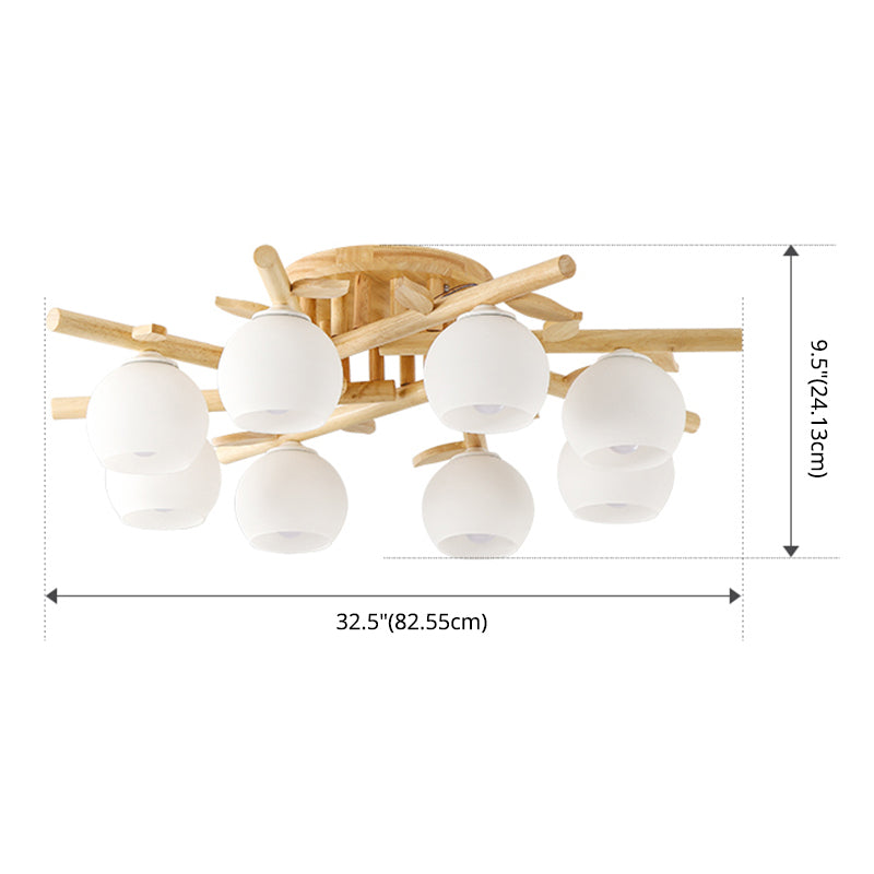 Log Color Sputnik LED Semi Flush Mount in Modern Concise Style Wooden Ceiling Light with White Glass Shade