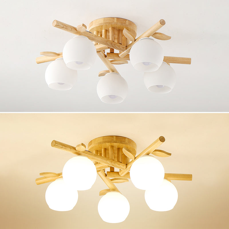 Log Color Sputnik LED Semi Flush Mount in Modern Concise Style Wooden Ceiling Light with White Glass Shade