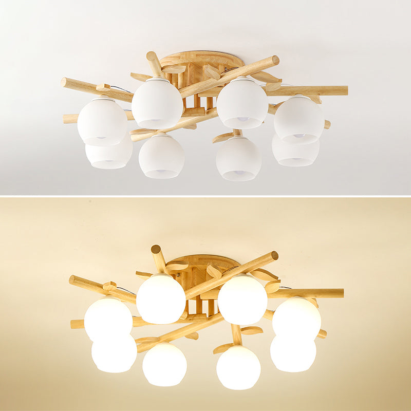 Log Color Sputnik LED Semi Flush Mount in Modern Concise Style Wooden Ceiling Light with White Glass Shade