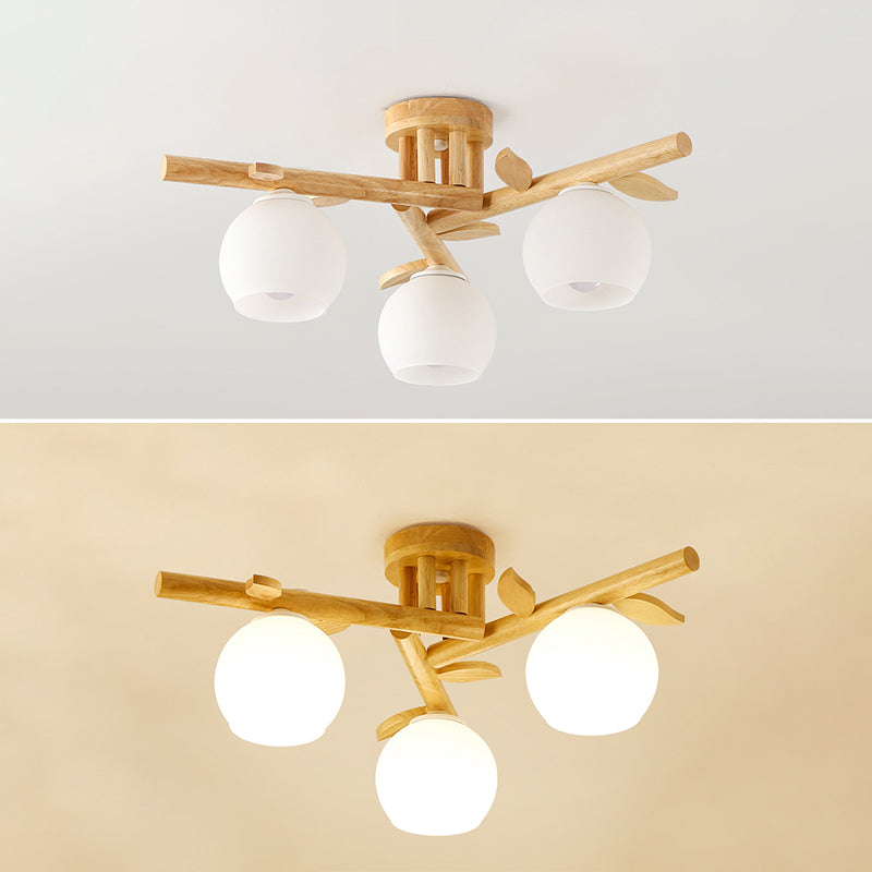 Log Color Sputnik LED Semi Flush Mount in Modern Concise Style Wooden Ceiling Light with White Glass Shade