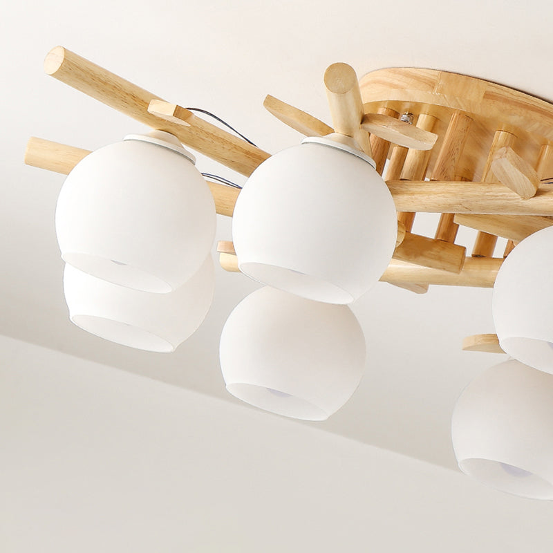 Log Color Sputnik LED Semi Flush Mount in Modern Concise Style Wooden Ceiling Light with White Glass Shade