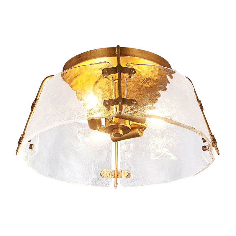 3 Heads Water Glass Flush Mount Lamp Traditional Brass Bowl Living Room Close to Ceiling Light