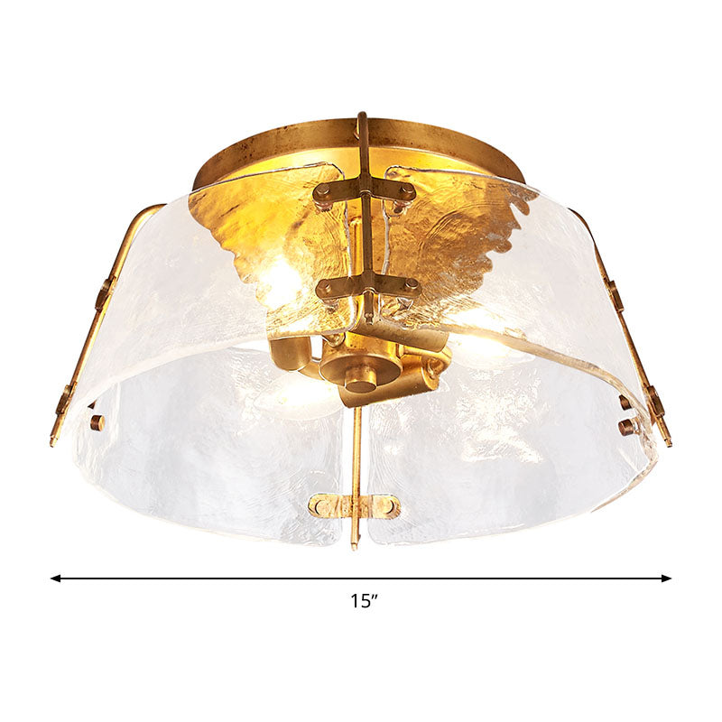 3 Heads Water Glass Flush Mount Lamp Traditional Brass Bowl Living Room Close to Ceiling Light