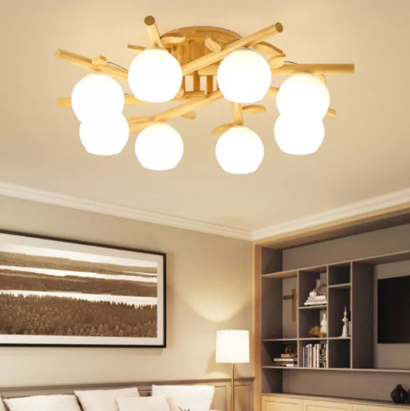 Log Color Sputnik LED Semi Flush Mount in Modern Concise Style Wooden Ceiling Light with White Glass Shade