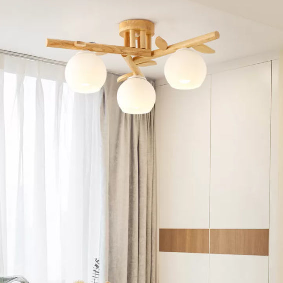 Log Color Sputnik LED Semi Flush Mount in Modern Concise Style Wooden Ceiling Light with White Glass Shade