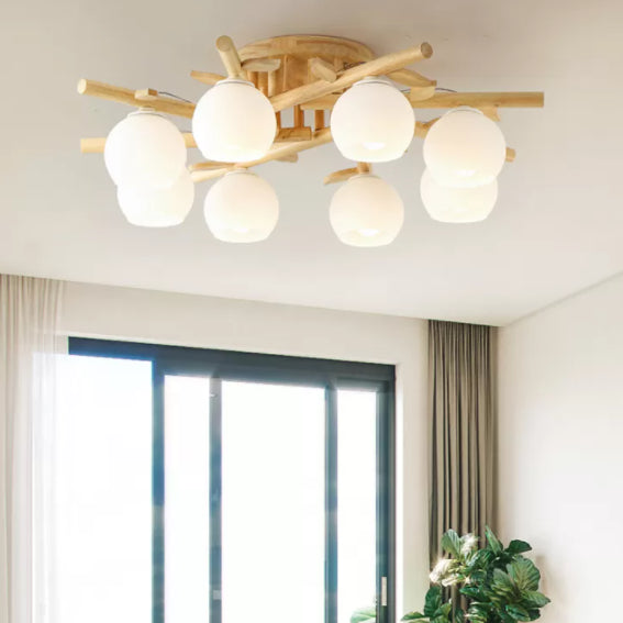 Log Color Sputnik LED Semi Flush Mount in Modern Concise Style Wooden Ceiling Light with White Glass Shade