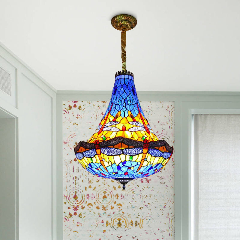 16"/19.5" Wide Dragonfly Chandelier Light Tiffany Stained Glass 5 Lights Blue/Green Pendant Lighting for Dining Room