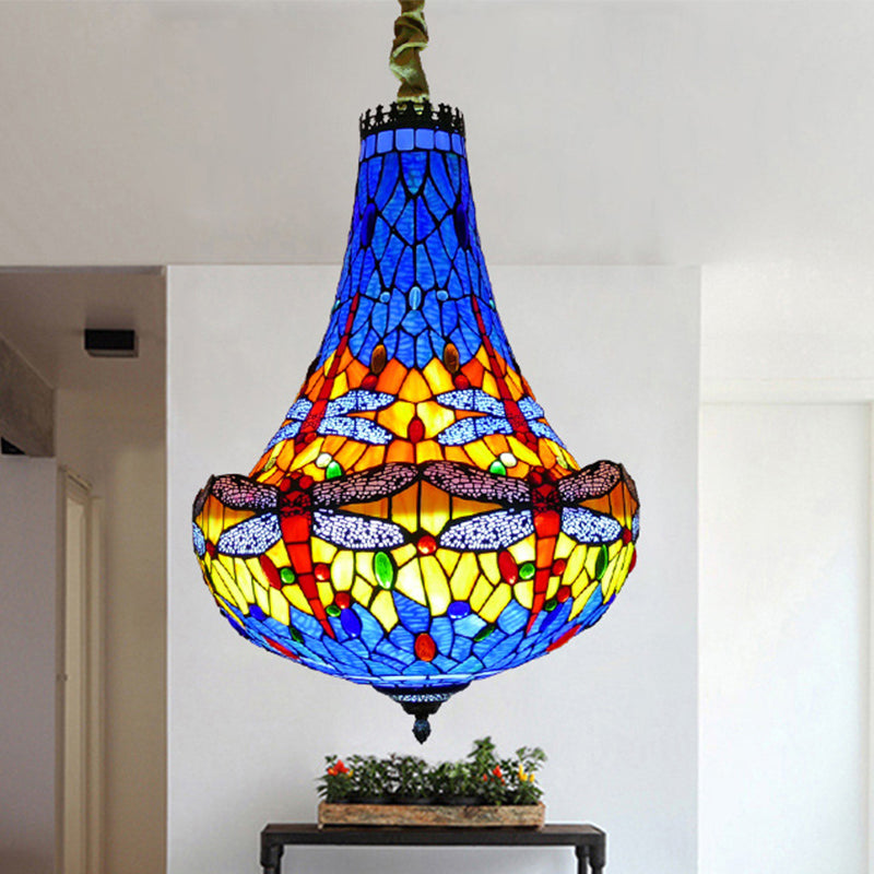 16"/19.5" Wide Dragonfly Chandelier Light Tiffany Stained Glass 5 Lights Blue/Green Pendant Lighting for Dining Room