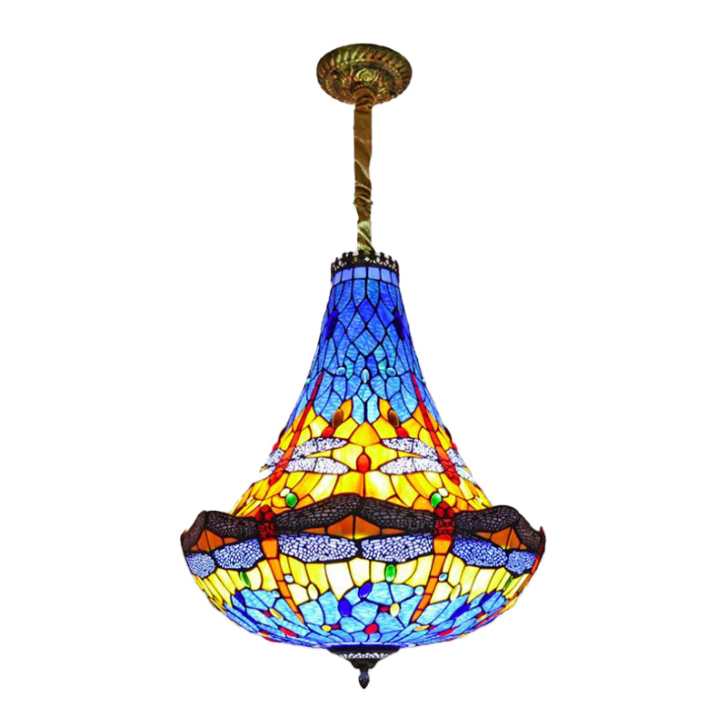 16"/19.5" Wide Dragonfly Chandelier Light Tiffany Stained Glass 5 Lights Blue/Green Pendant Lighting for Dining Room