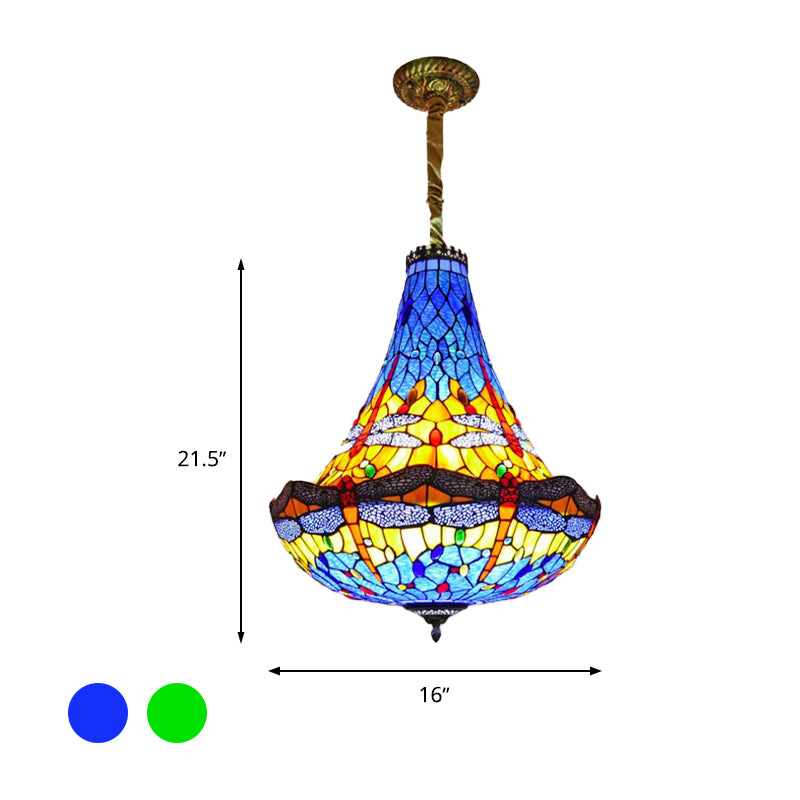 16"/19.5" Wide Dragonfly Chandelier Light Tiffany Stained Glass 5 Lights Blue/Green Pendant Lighting for Dining Room