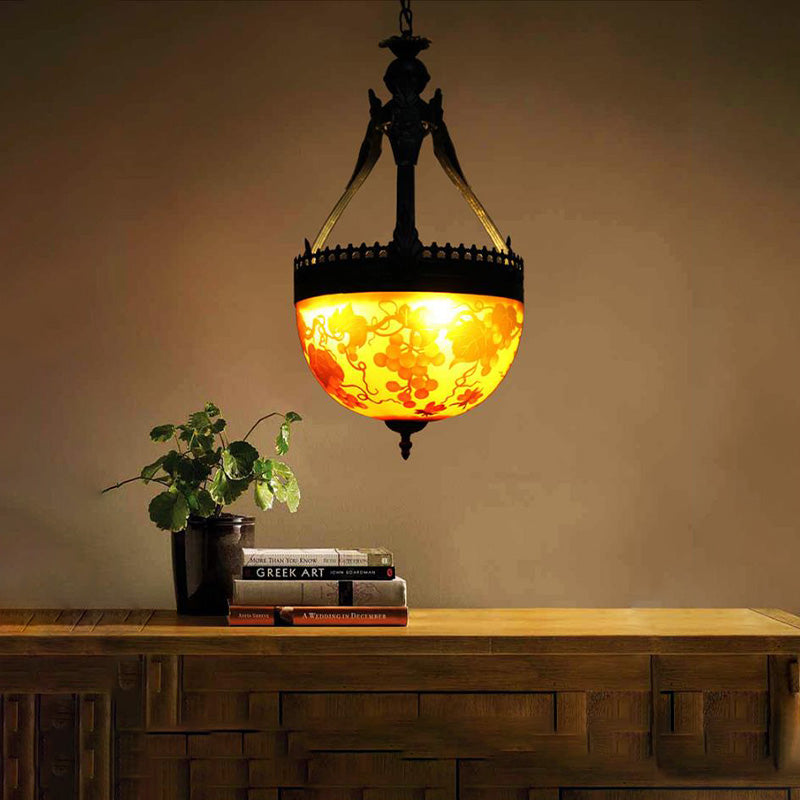 Mediterranean Flower Chandelier Lighting 12"/16" Wide 3 Lights Stained Glass Pendant Lamp in Yellow