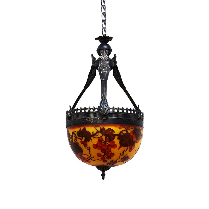 Mediterranean Flower Chandelier Lighting 12"/16" Wide 3 Lights Stained Glass Pendant Lamp in Yellow