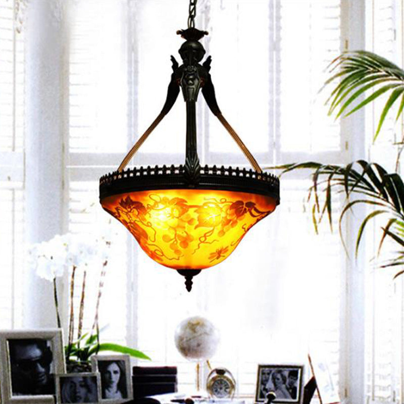 Mediterranean Flower Chandelier Lighting 12"/16" Wide 3 Lights Stained Glass Pendant Lamp in Yellow