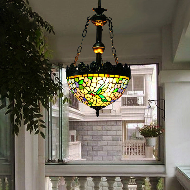 12 "/16" brede antiek messing floraal plafond kroonluchter Tiffany Style 3 Lights gebrandschilderd glas hangende lampkit