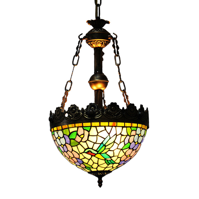 12"/16" Wide Antique Brass Floral Ceiling Chandelier Tiffany Style 3 Lights Stained Glass Hanging Lamp Kit