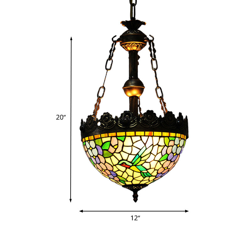12 "/16" breites antikes Messing Blumendecke Kraut Tiffany Style 3 Leuchten Buntglas Hanging Lampe Kit