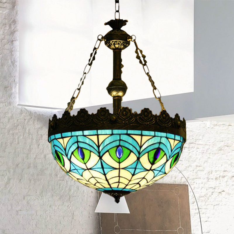 3 Lights Hanging Chandelier Mediterranean Dragonfly/Heart/Geometric Stained Glass Pendant Light in Antique Brass