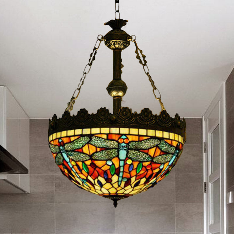 3 Lights Hanging Chandelier Mediterranean Dragonfly/Heart/Geometric Stained Glass Pendant Light in Antique Brass