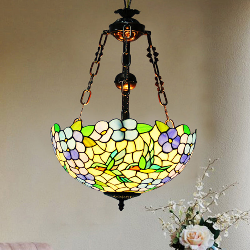 Flower Stained Glass Chandelier Pendant Light Mediterranean 3 Lights Weathered Copper Suspension Lamp