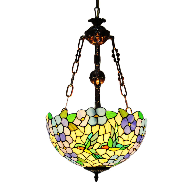 Flower Stained Glass Chandelier Pendant Light Mediterranean 3 Lights Weathered Copper Suspension Lamp