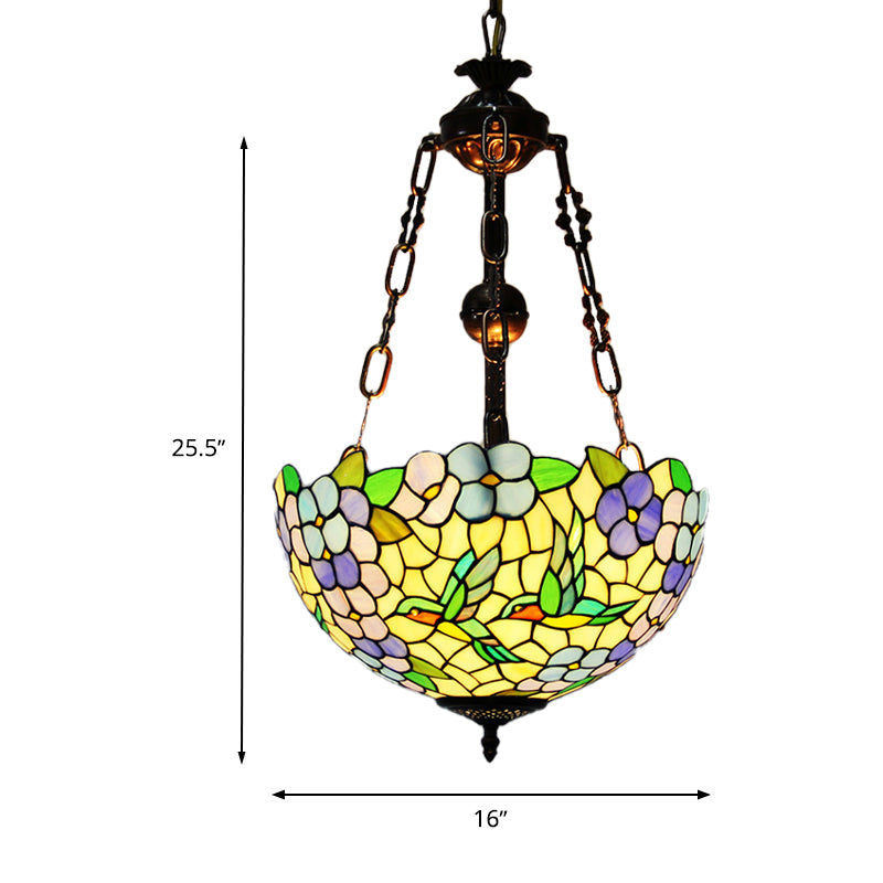 Flower Stained Glass Chandelier Pendant Light Mediterranean 3 Lights Weathered Copper Suspension Lamp