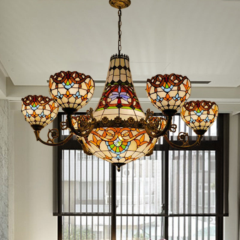 11/13 Lights Dining Room Pendant Chandelier Tiffany Brass Down Lighting with Dome Stained Glass Shade, 39"/47" Wide