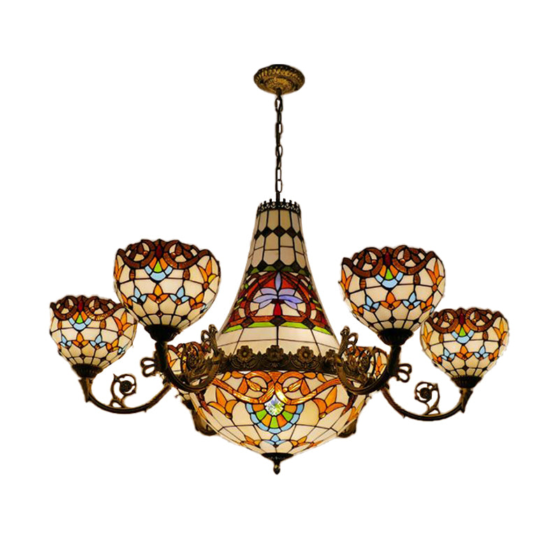 11/13 Lights Dining Room Pendant Chandelier Tiffany Brass Down Lighting with Dome Stained Glass Shade, 39"/47" Wide