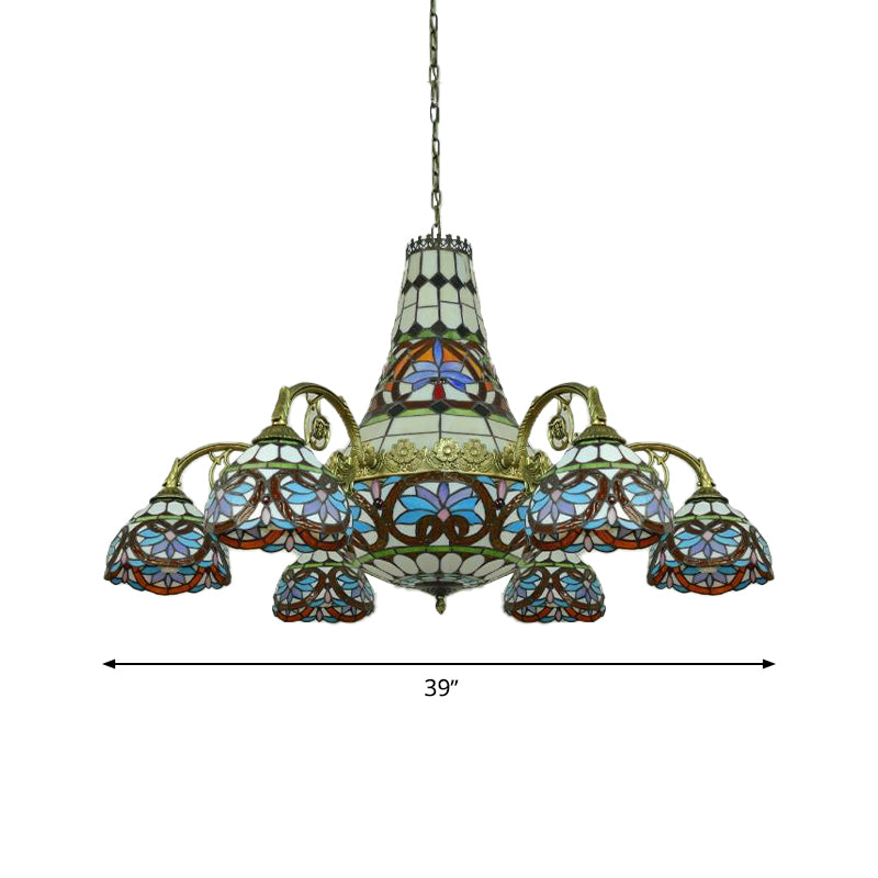 Chandelier de plafond de bras incurvé 11 lumières vitrail de vitrage méditerranéen plafond léger en rose et bleu / bleu violacé