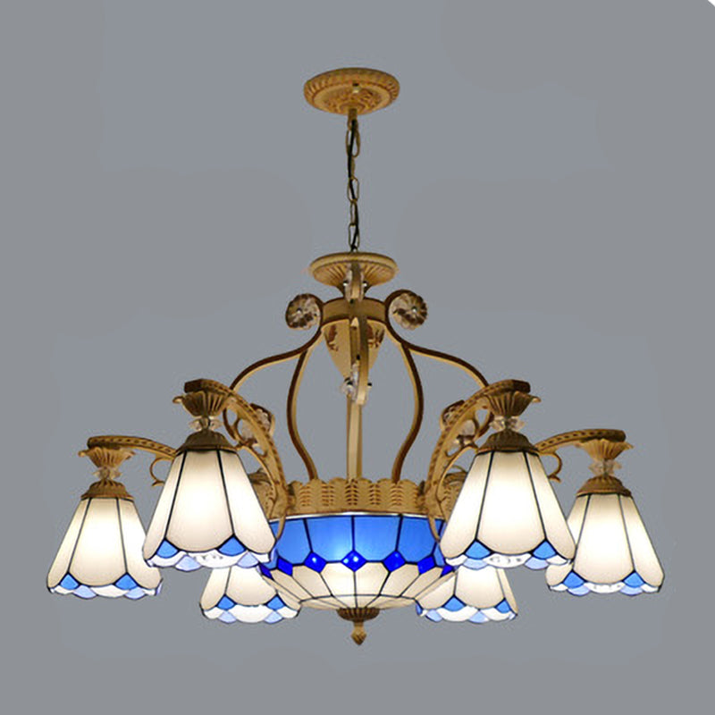 31,5 "/37,5" Cône de large Cône Tacon Tanage Pendant lustre Baroque Style 8/11 Lumières Éclairage de suspension blanche / bleue