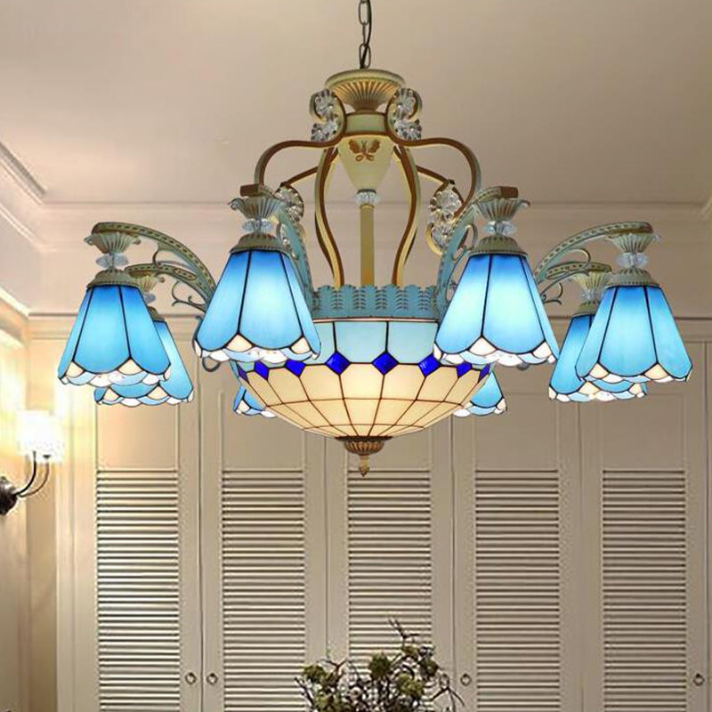 31,5 "/37,5" Cône de large Cône Tacon Tanage Pendant lustre Baroque Style 8/11 Lumières Éclairage de suspension blanche / bleue